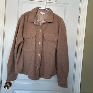 beachlunchlounge Women's Brown Teddy Jacket Shacket Button-Down Front Pocket L